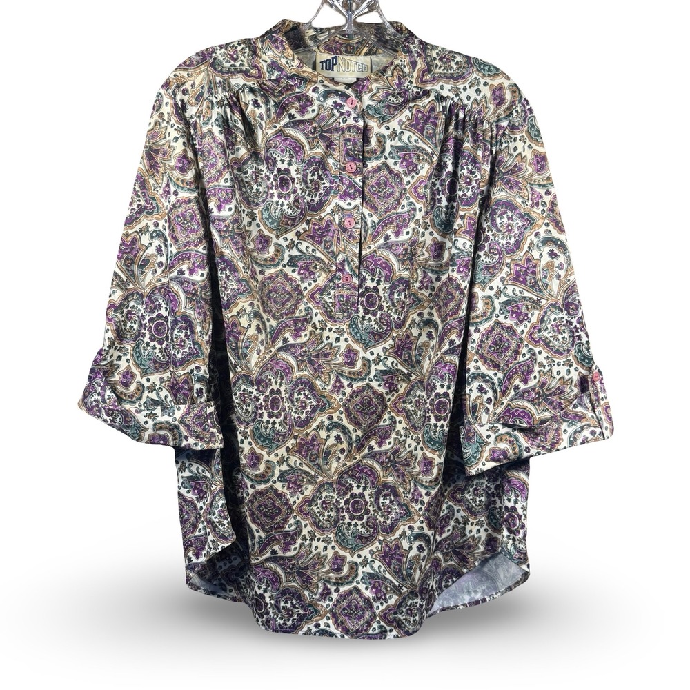 VTG‎ Top Notch Plus Size Blouse Paisley Shirt 18W L XL Purple Green Gold